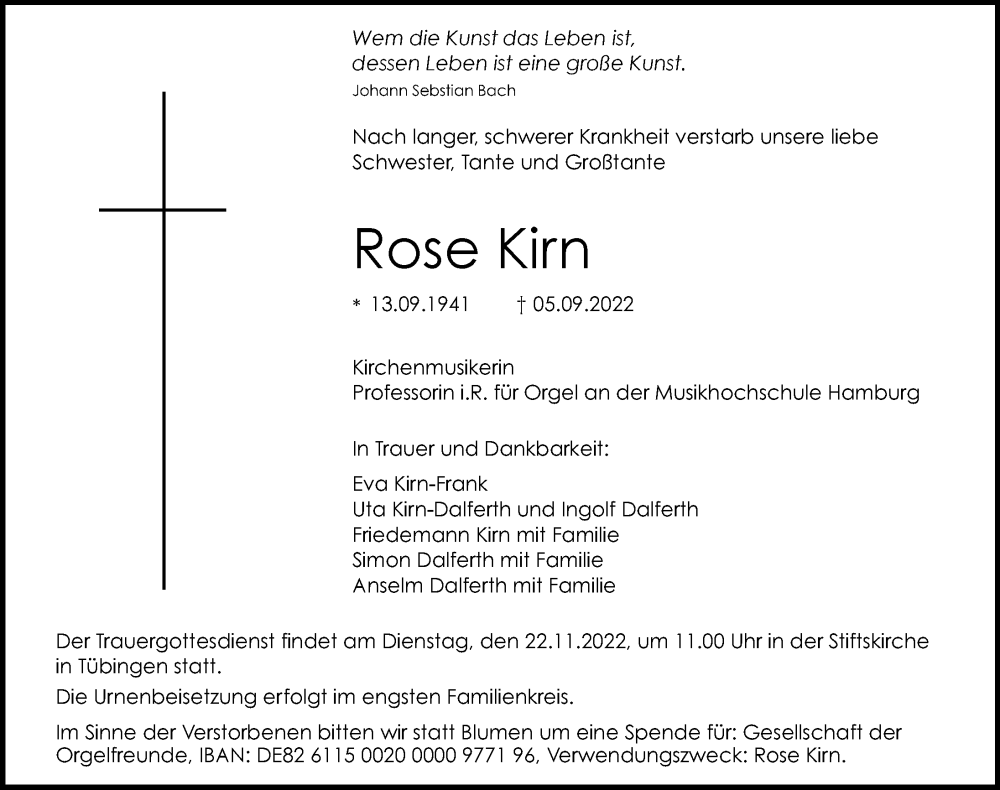  Traueranzeige für Rose Kirn vom 01.10.2022 aus Hamburger Abendblatt