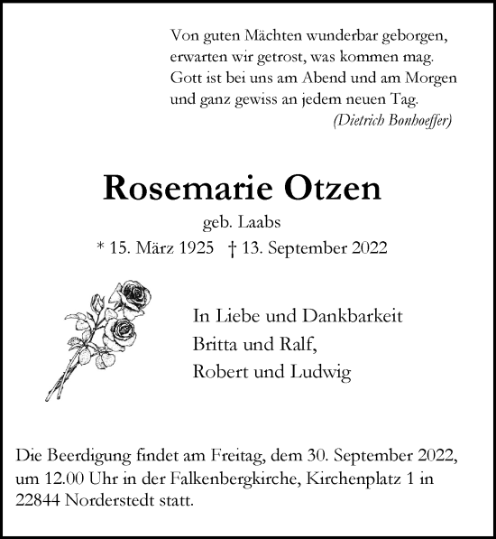 Traueranzeige von Rosemarie Otzen von Hamburger Abendblatt