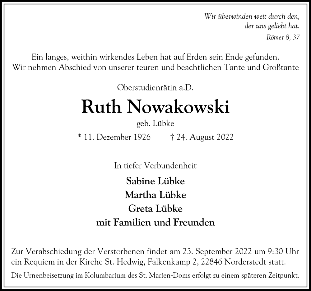  Traueranzeige für Ruth Nowakowski vom 10.09.2022 aus Hamburger Abendblatt