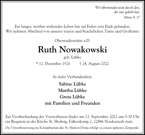 Traueranzeige von Ruth Nowakowski von Hamburger Abendblatt