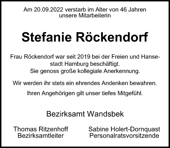 Traueranzeige von Stefanie Röckendorf von Hamburger Abendblatt