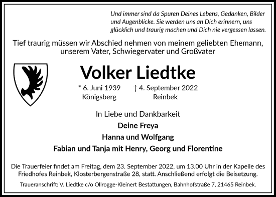 Traueranzeige von Volker Liedtke von Bille Wochenblatt, Bergedorfer Zeitung