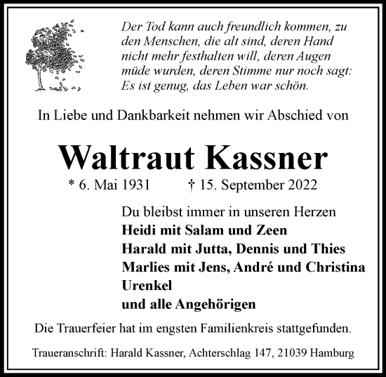 Traueranzeige von Waltraut Kassner von Bille Wochenblatt, Bergedorfer Zeitung