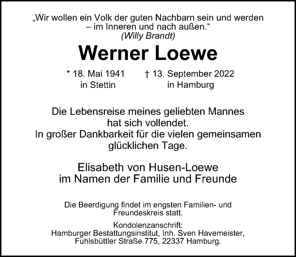  Traueranzeige für Werner Loewe vom 24.09.2022 aus Hamburger Abendblatt