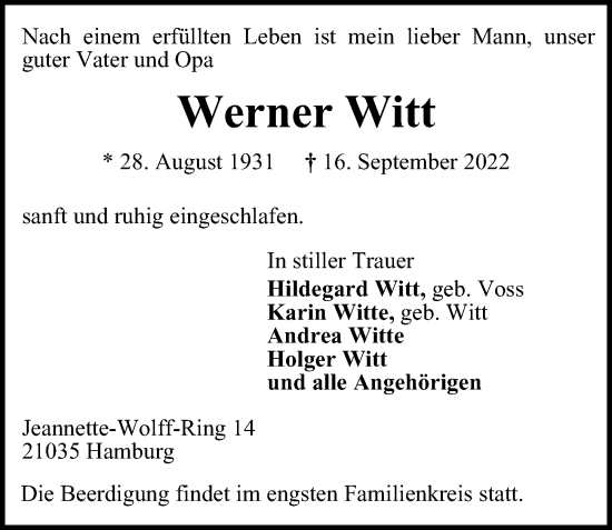 Traueranzeige von Werner Witt von Bille Wochenblatt, Bergedorfer Zeitung