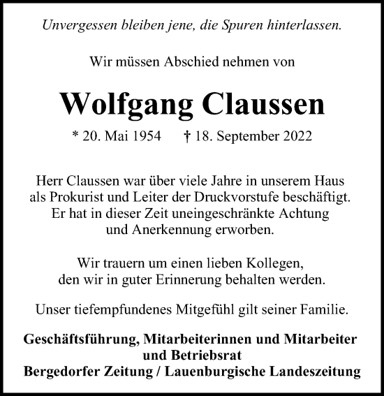 Traueranzeige von Wolfgang Claussen von Bille Wochenblatt, Echo Wochenblatt