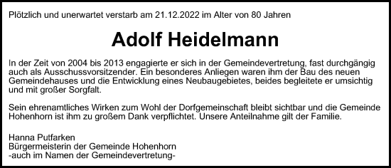 Traueranzeige von Adolf Heidelmann von Bille Wochenblatt, Echo Wochenblatt, Bergedorfer Zeitung