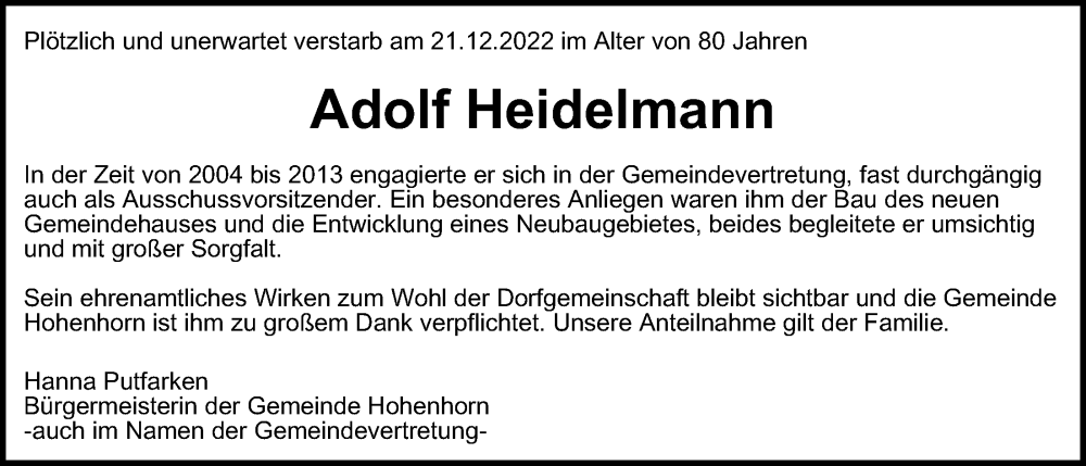  Traueranzeige für Adolf Heidelmann vom 21.01.2023 aus Bille Wochenblatt, Echo Wochenblatt, Bergedorfer Zeitung