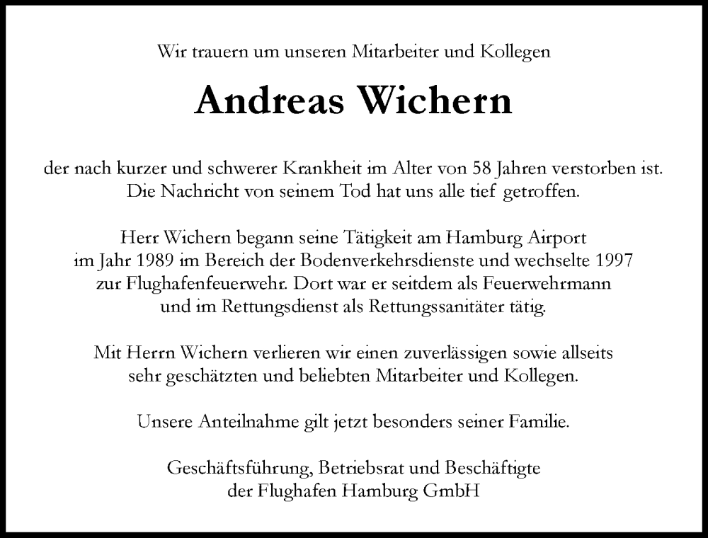  Traueranzeige für Andreas Wichern vom 21.01.2023 aus Hamburger Abendblatt