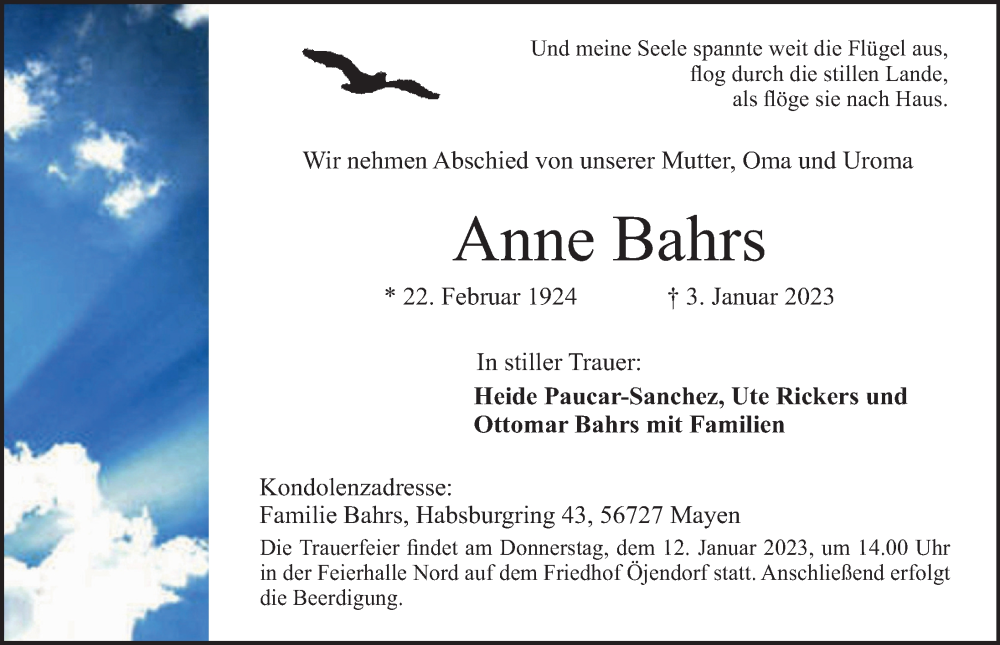  Traueranzeige für Anne Bahrs vom 10.01.2023 aus Hamburger Abendblatt