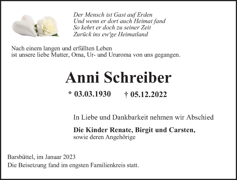  Traueranzeige für Anni Schreiber vom 18.01.2023 aus Glinder Zeitung