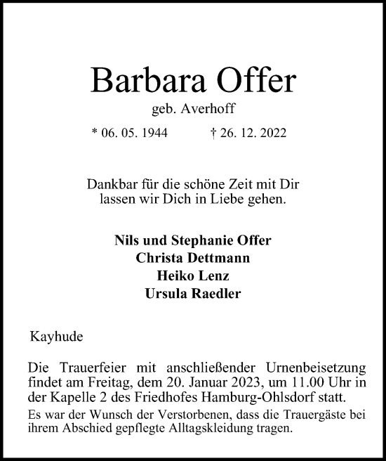 Traueranzeige von Barbara Offer von Hamburger Abendblatt