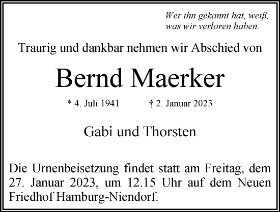 Traueranzeige von Bernd Maerker von Niendorfer Wochenblatt