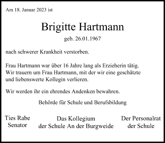 Traueranzeige von Brigitte Hartmann von Hamburger Abendblatt