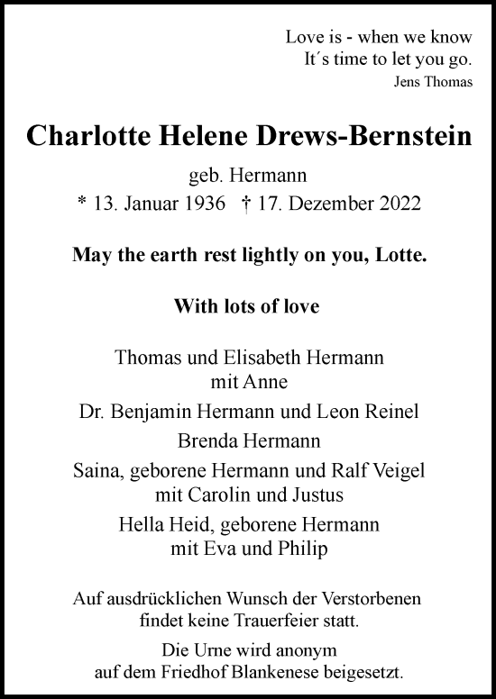 Traueranzeige von Charlotte Helene Drews-Bernstein von Hamburger Abendblatt