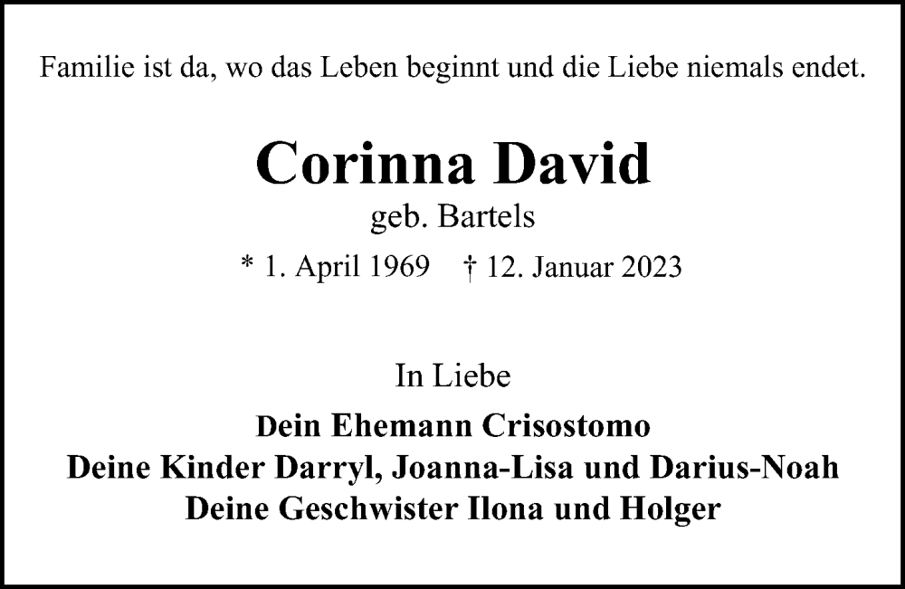  Traueranzeige für Corinna David vom 28.01.2023 aus Billstedt/Horn