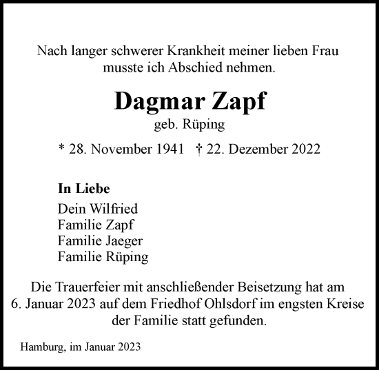 Traueranzeige von Dagmar Zapf von Hamburger Abendblatt