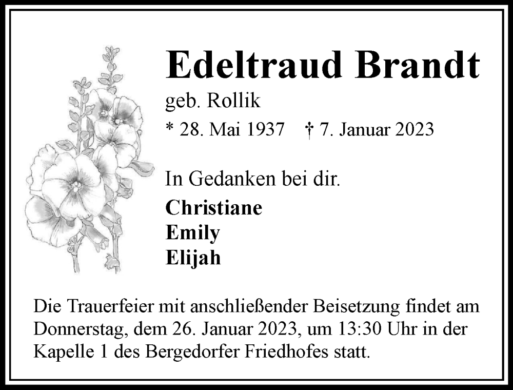  Traueranzeige für Edeltraud Brandt vom 21.01.2023 aus Bille Wochenblatt, Bergedorfer Zeitung