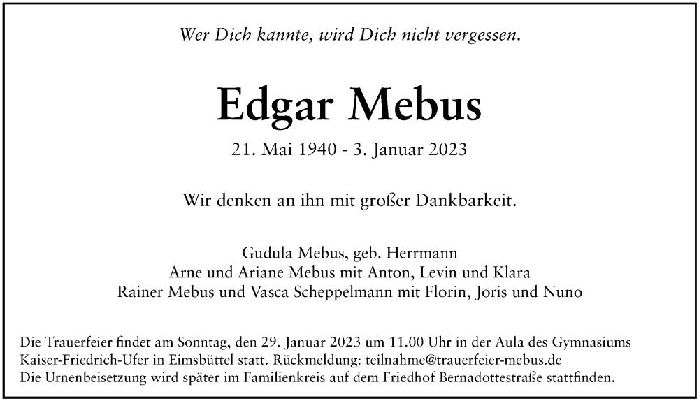  Traueranzeige für Edgar Mebus vom 14.01.2023 aus Hamburger Abendblatt