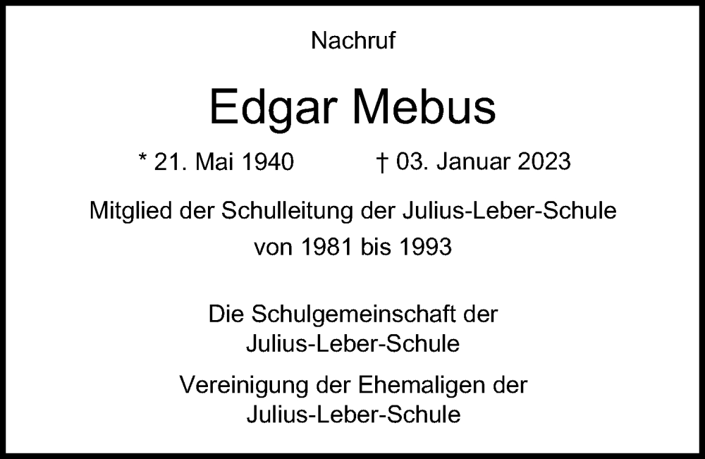  Traueranzeige für Edgar Mebus vom 21.01.2023 aus Niendorfer Wochenblatt