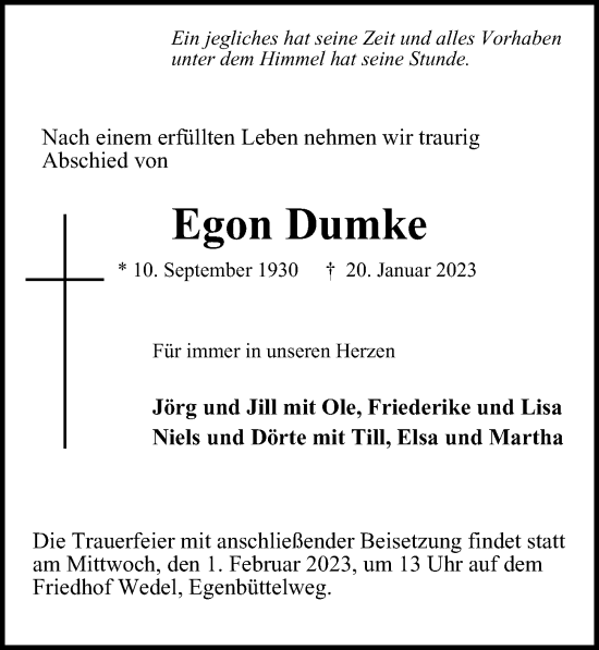 Traueranzeige von Egon Dumke von Hamburger Abendblatt