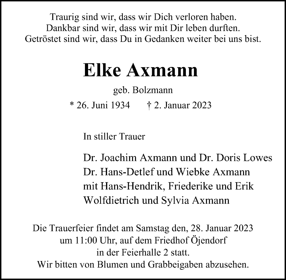  Traueranzeige für Elke Axmann vom 21.01.2023 aus Barmbek Bramfeld