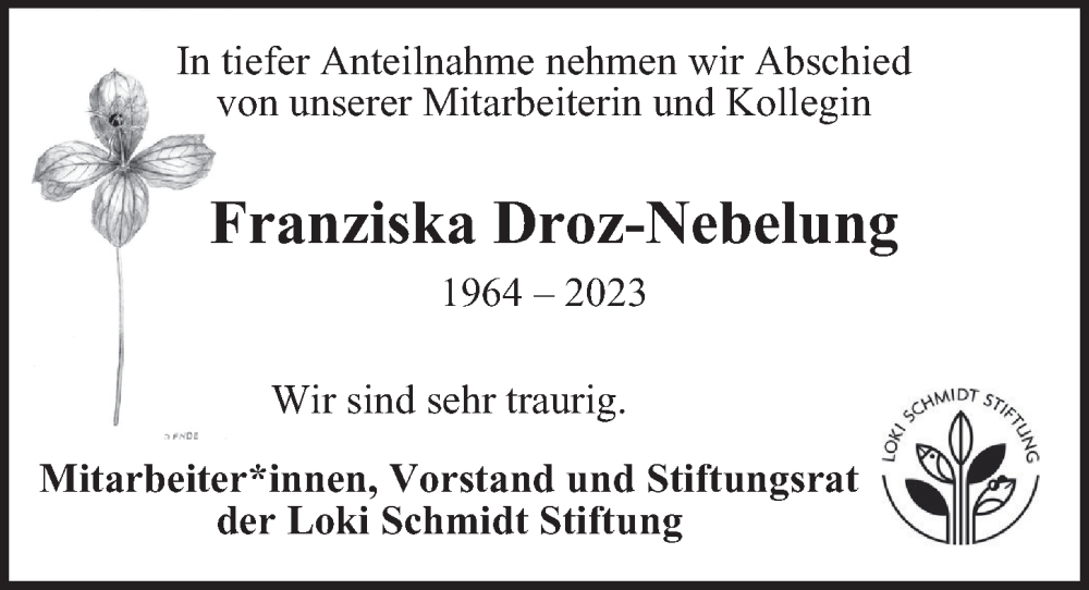  Traueranzeige für Franziska Droz-Nebelung vom 21.01.2023 aus Hamburger Abendblatt