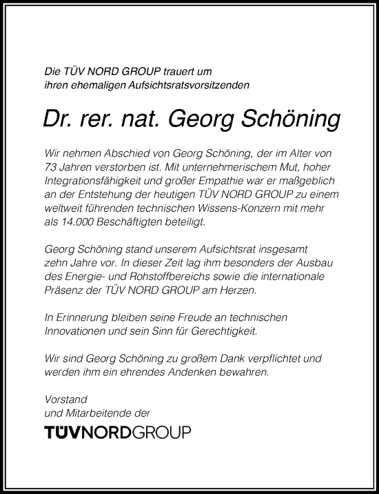 Traueranzeige von Georg Schöning von Hamburger Abendblatt