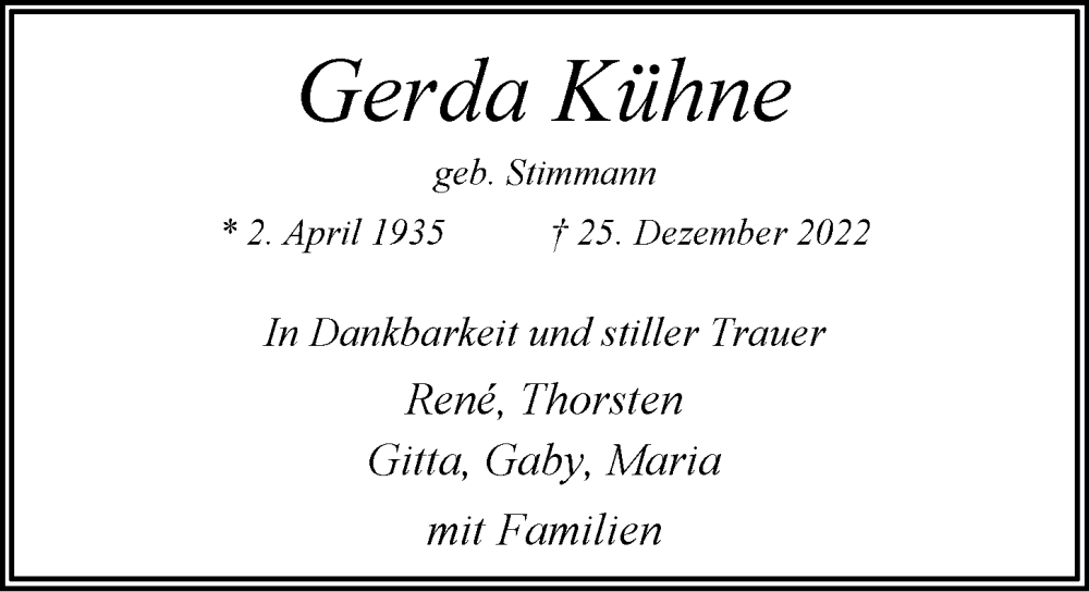  Traueranzeige für Gerda Kühne vom 14.01.2023 aus Niendorfer Wochenblatt