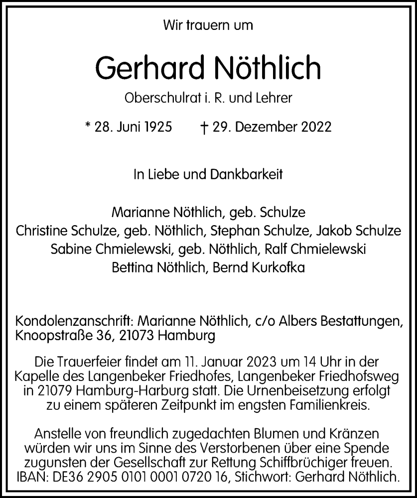  Traueranzeige für Gerhard Nöthlich vom 07.01.2023 aus Hamburger Abendblatt