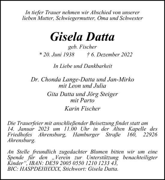 Traueranzeige von Gisela Datta von Hamburger Abendblatt