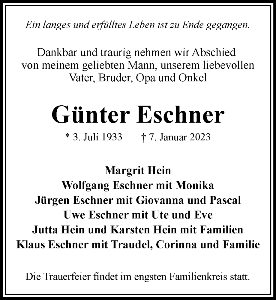  Traueranzeige für Günter Eschner vom 21.01.2023 aus Bille Wochenblatt, Bergedorfer Zeitung