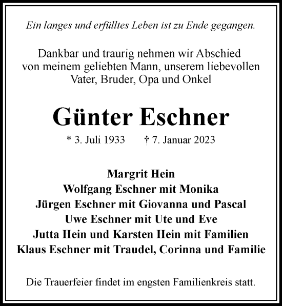 Traueranzeige von Günter Eschner von Bille Wochenblatt, Bergedorfer Zeitung