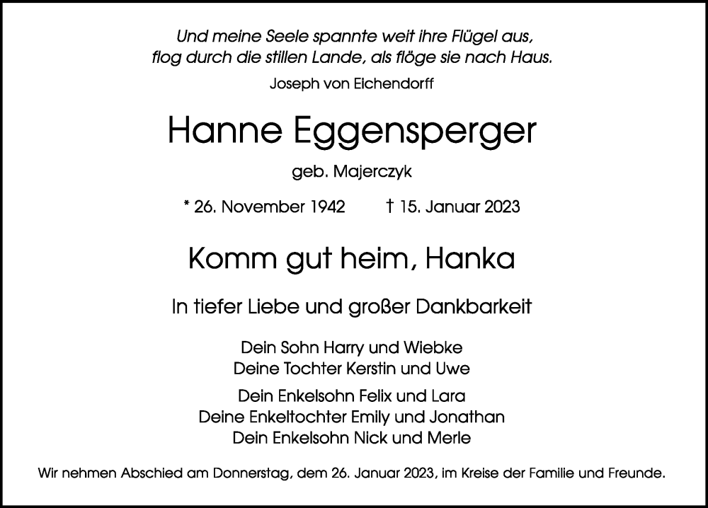  Traueranzeige für Hanne Eggensperger vom 21.01.2023 aus Hamburger Abendblatt