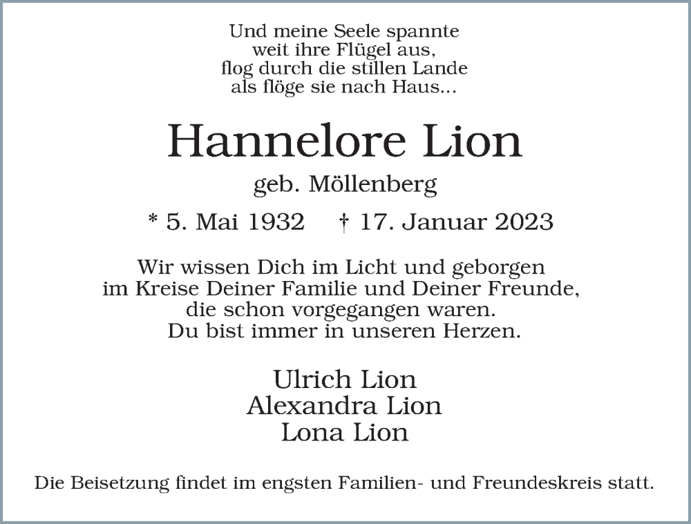  Traueranzeige für Hannelore Lion vom 21.01.2023 aus Hamburger Abendblatt