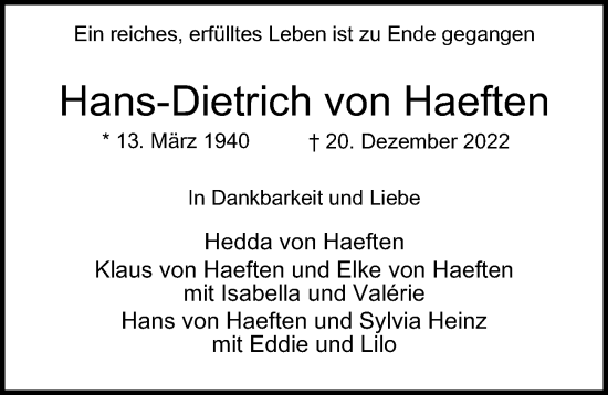 Traueranzeige von Hans-Dietrich von Haeften von Hamburger Abendblatt