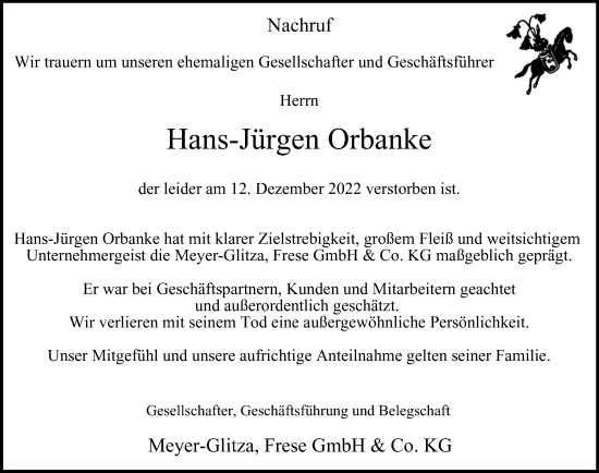 Traueranzeige von Hans-Jürgen Orbanke von Hamburger Abendblatt