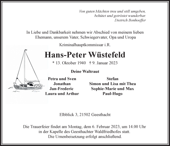 Traueranzeige von Hans-Peter Wüstefeld von Hamburger Abendblatt