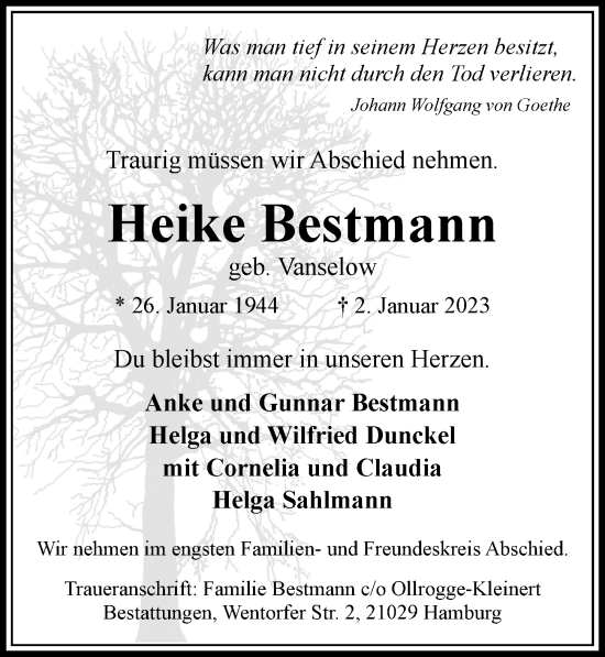 Traueranzeige von Heike Bestmann von Hamburger Abendblatt