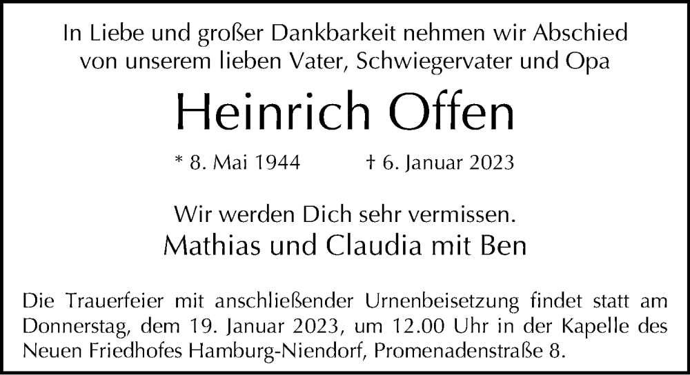  Traueranzeige für Heinrich Offen vom 14.01.2023 aus Niendorfer Wochenblatt