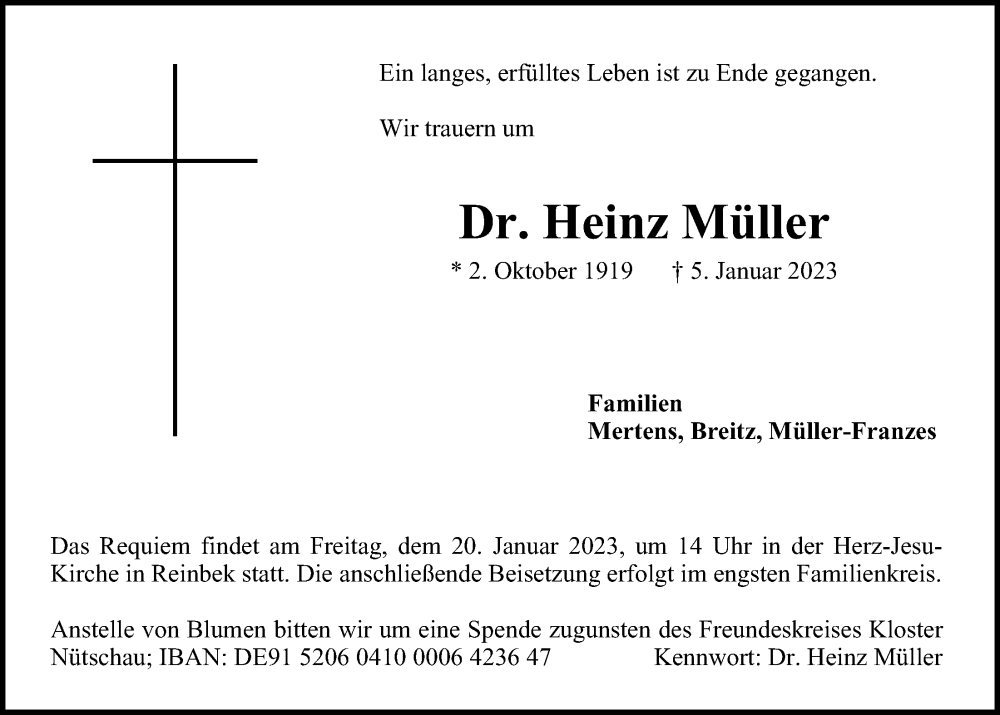  Traueranzeige für Heinz Müller vom 14.01.2023 aus Bille Wochenblatt, Bergedorfer Zeitung