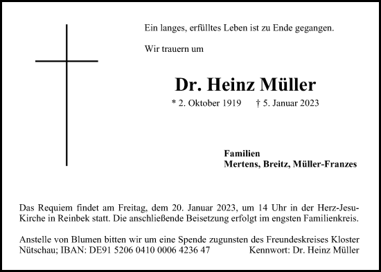 Traueranzeige von Heinz Müller von Bille Wochenblatt, Bergedorfer Zeitung