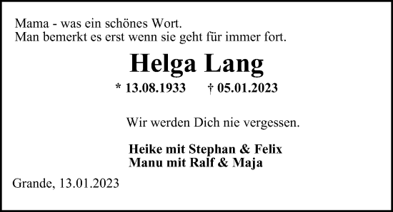 Traueranzeige von Helga Lang von Wandsbek/Rahlstedt/Jenfeld/Farmsen