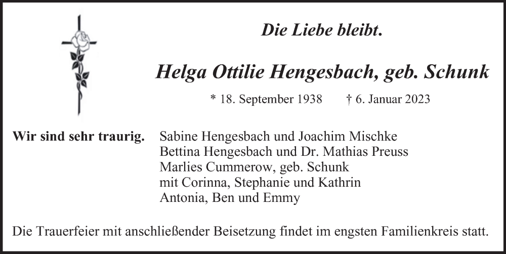  Traueranzeige für Helga Ottilie Hengesbach, vom 14.01.2023 aus Hamburger Abendblatt