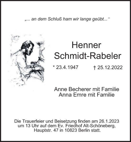 Traueranzeige von Henner Schmidt-Rabeler von Hamburger Abendblatt