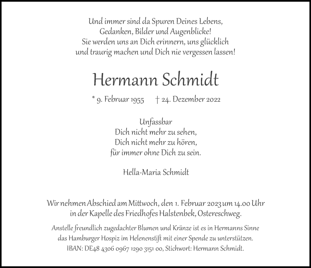  Traueranzeige für Hermann Schmidt vom 21.01.2023 aus HA Regio Pinneberg