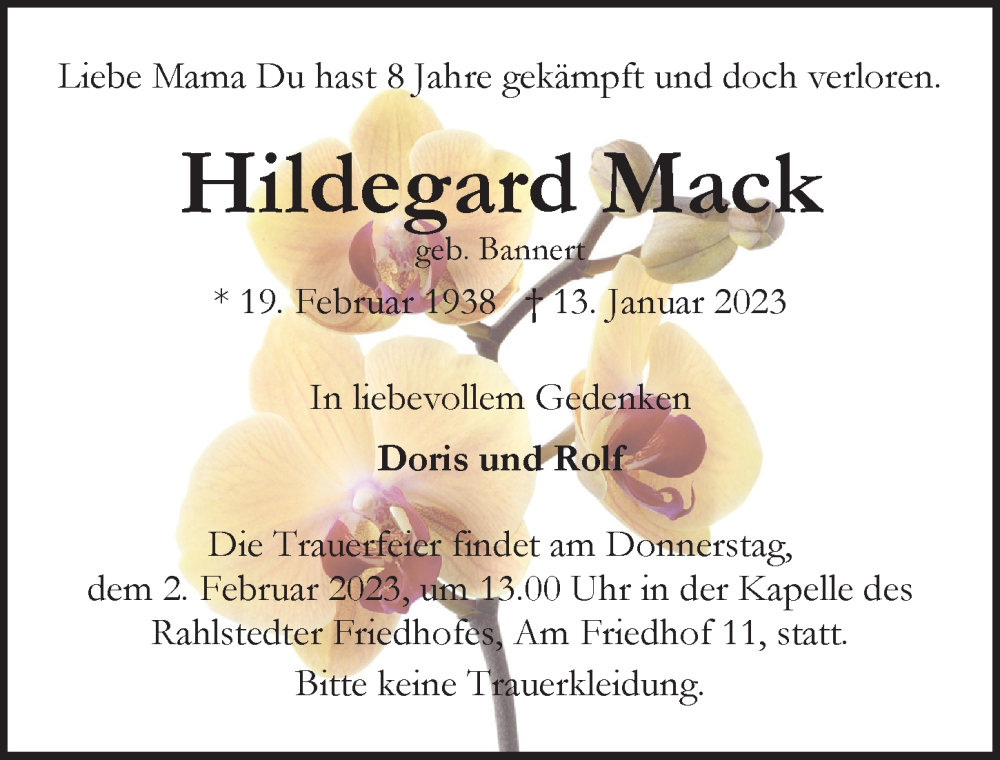  Traueranzeige für Hildegard Mack vom 21.01.2023 aus Hamburger Abendblatt