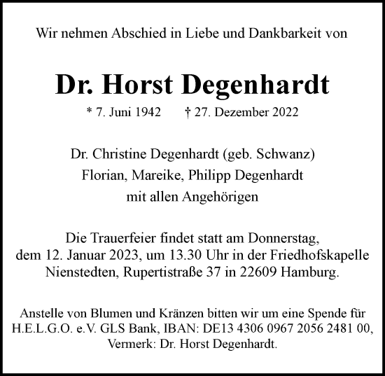 Traueranzeige von Horst Degenhardt von Hamburger Abendblatt