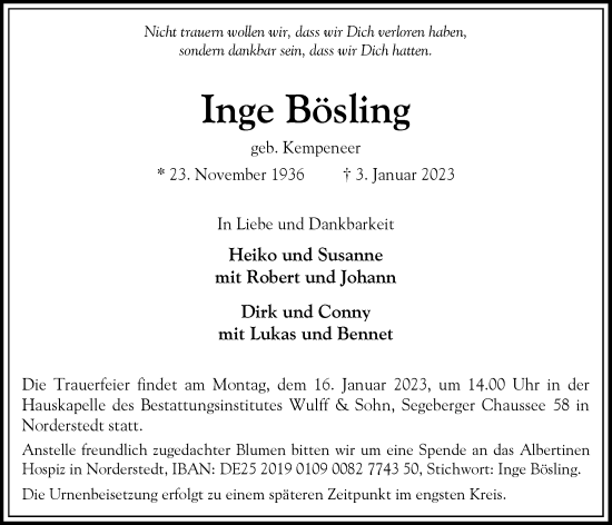 Traueranzeige von Inge Bösling von Niendorfer Wochenblatt