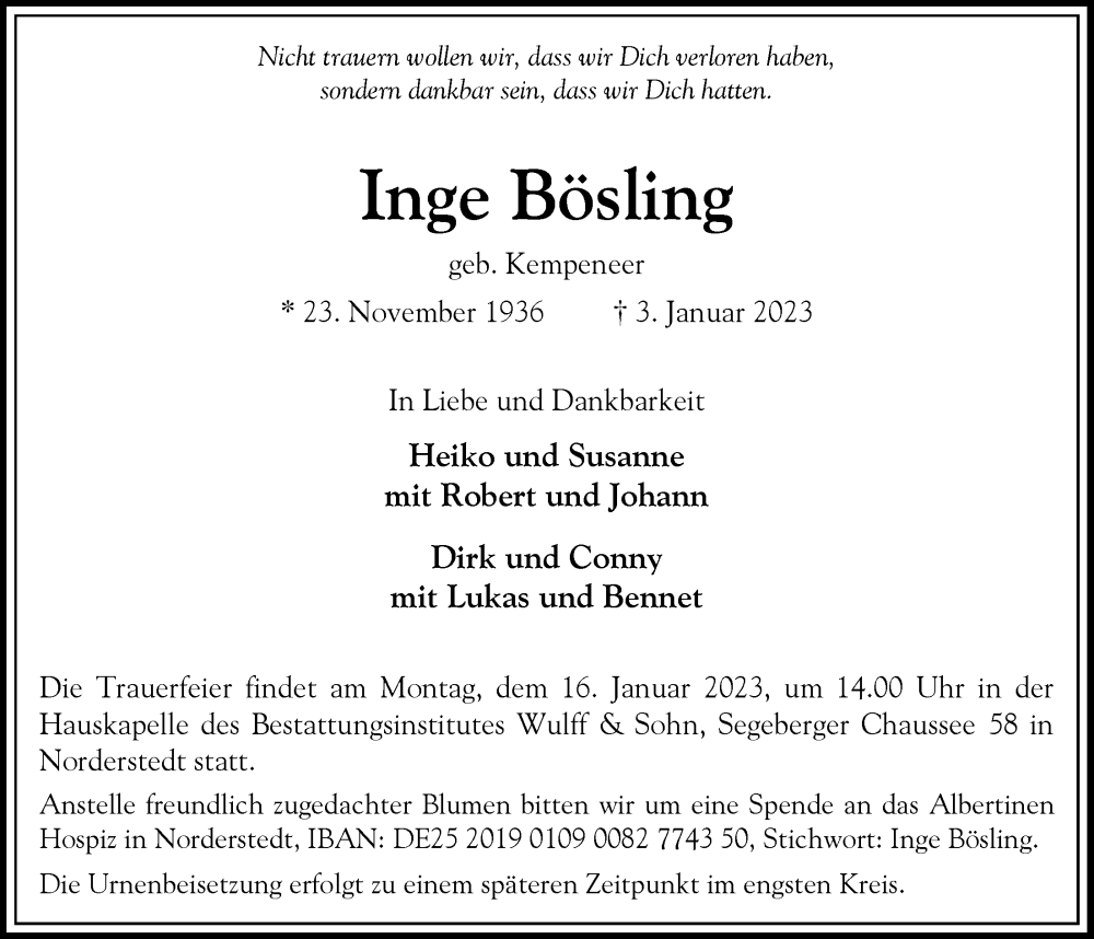  Traueranzeige für Inge Bösling vom 14.01.2023 aus Niendorfer Wochenblatt